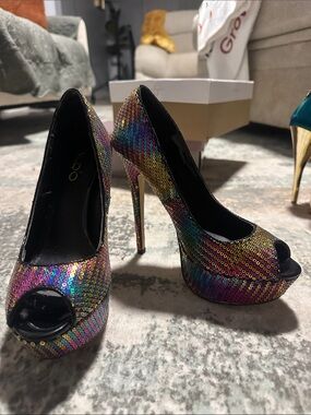 Aldo Rainbow Sequin Peep-Toe Stiletto Heels